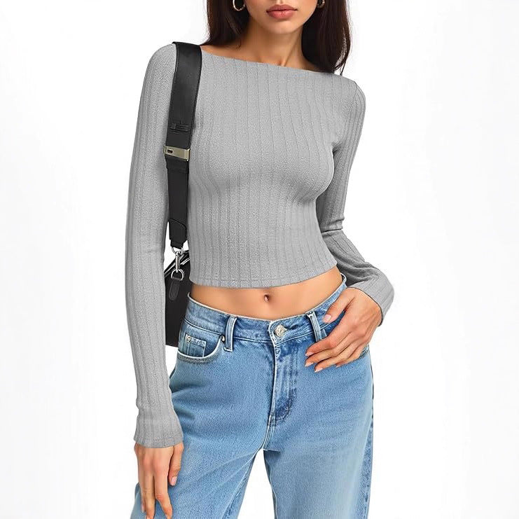 Women's Fitted Ribbed Cropped Long Sleeve with Boat Neck and Stretch Cotton Blend Mune Fashion