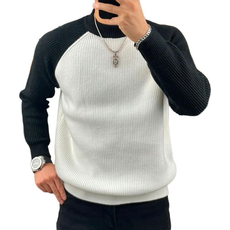 Men's Ribbed Raglan Sweater with Contrast Sleeves and Short Stand-Up Collar Mune Fashion
