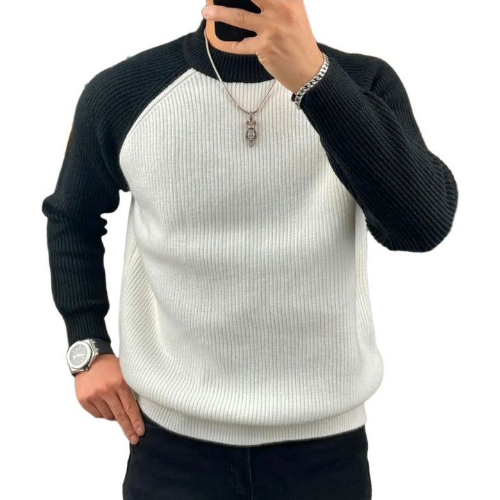 Men's Ribbed Raglan Sweater with Contrast Sleeves and Short Stand-Up Collar Mune Fashion
