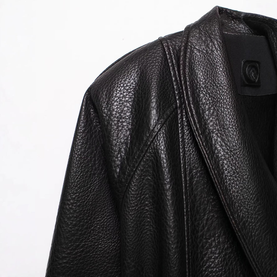Women's leather jacket in leather look with tie belt and shawl collar Mune Fashion
