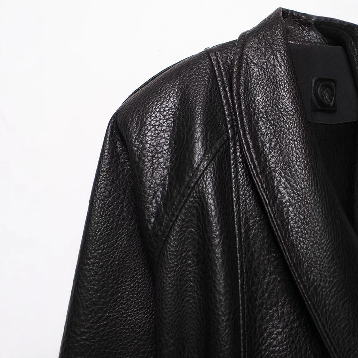 Women's leather jacket in leather look with tie belt and shawl collar Mune Fashion