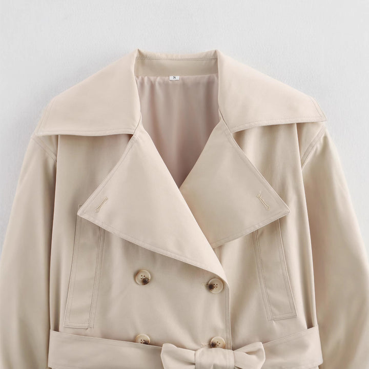 Women's Cropped Trench Coat in Boxy Cut with Wide Lapels and Tie Mune Fashion