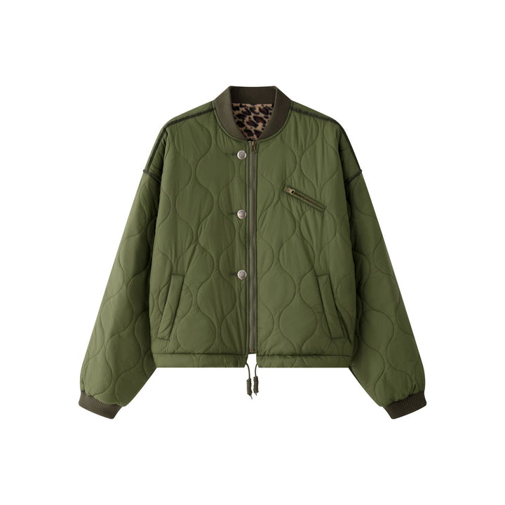 Women Padded Oversize Quilted Bomber Jacket with Leopard Print Lining and Drawstring
