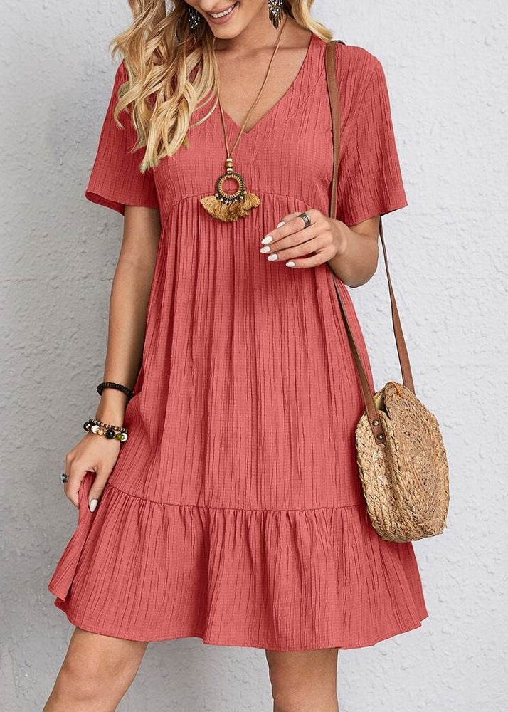 Women nan Crinkle summer dress with V-neck, empire seam and ruffle hem Mune Fashion