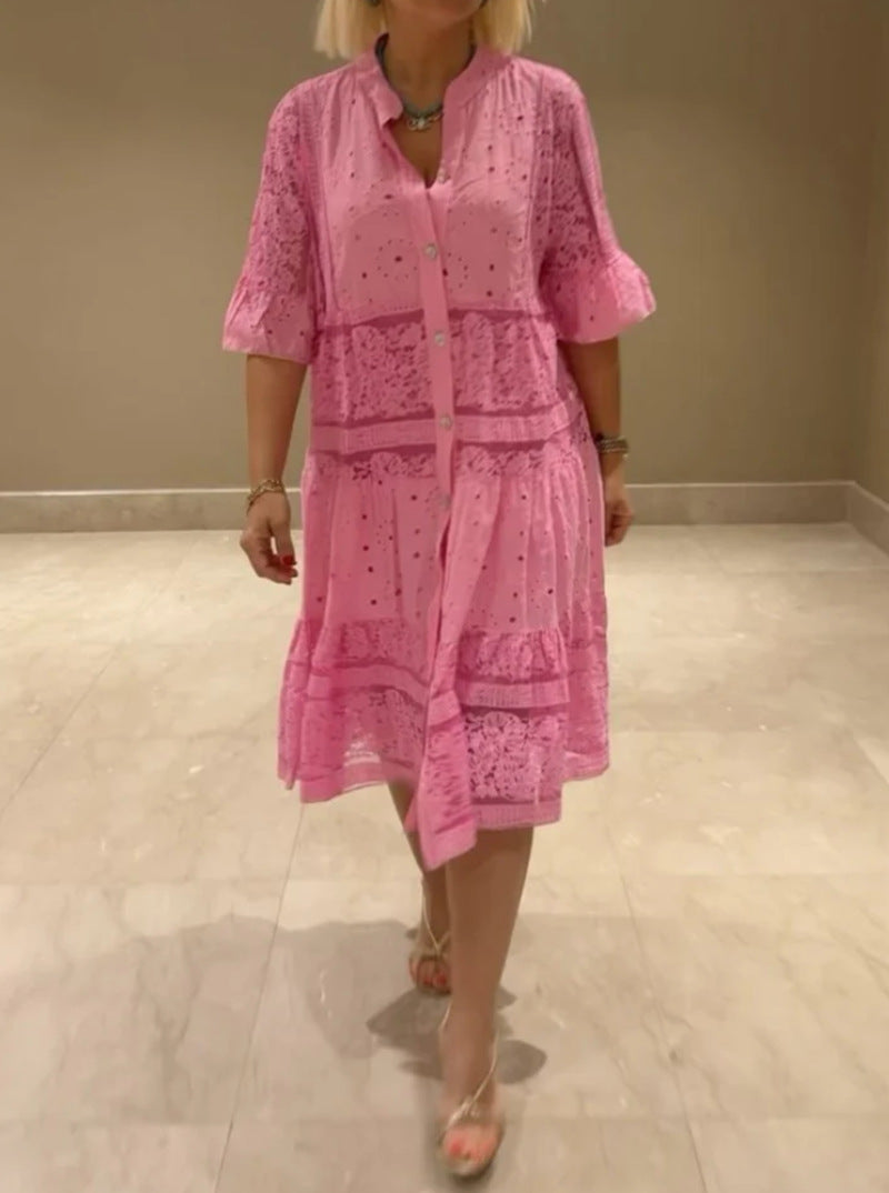 Women's romantic midi dress with broderie anglaise, buttoned top, stand-up collar, half-length flounce sleeves, and tiered hem Mune Fashion