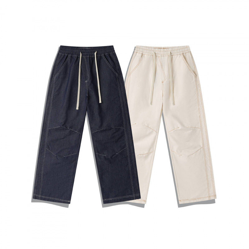 Unisex Wide Denim Pants with Elastic Waistband, Drawstring and Quilted Knee Patch Mune Fashion