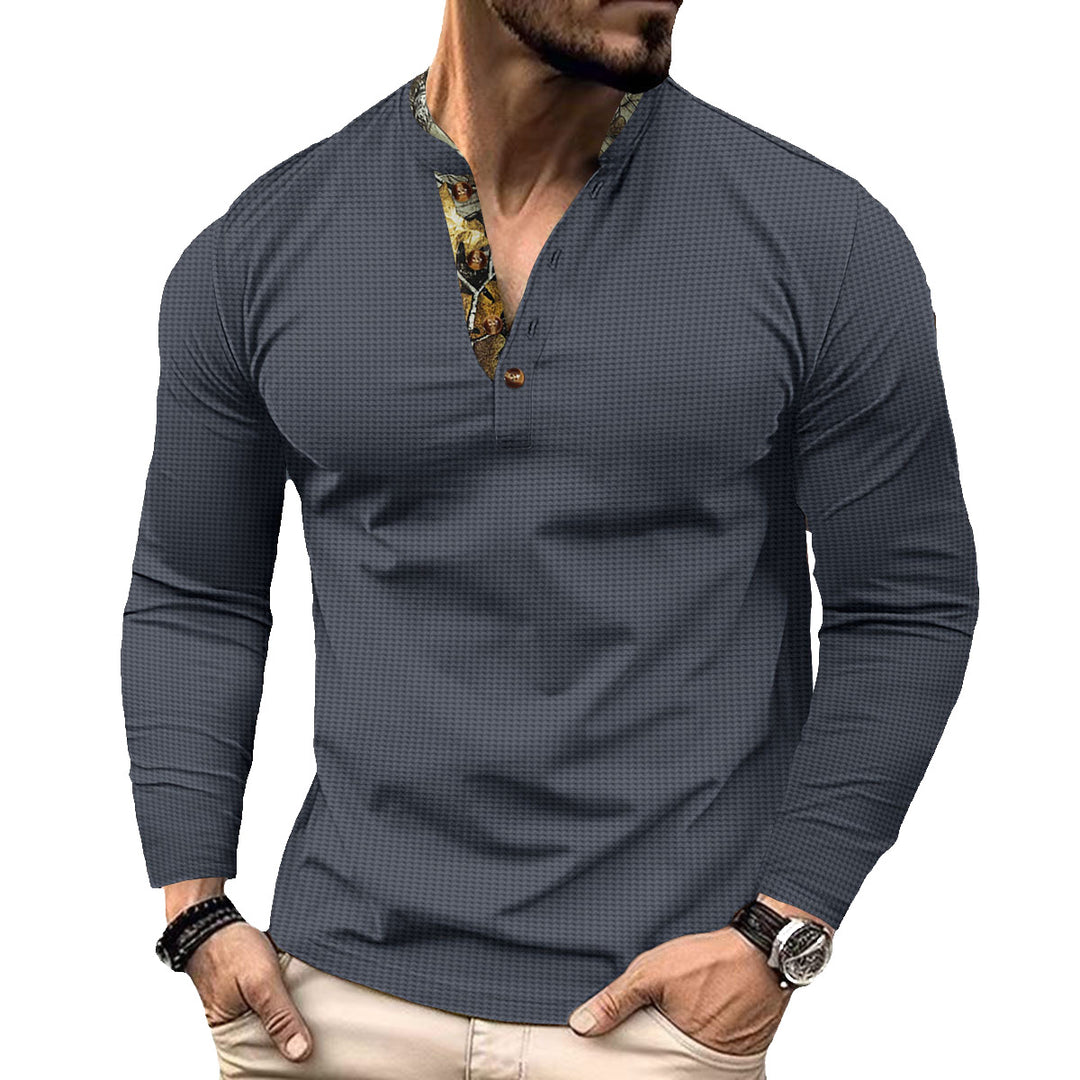 Men's long-sleeved Henley shirt with stand-up collar and patterned button placket trim Mune Fashion