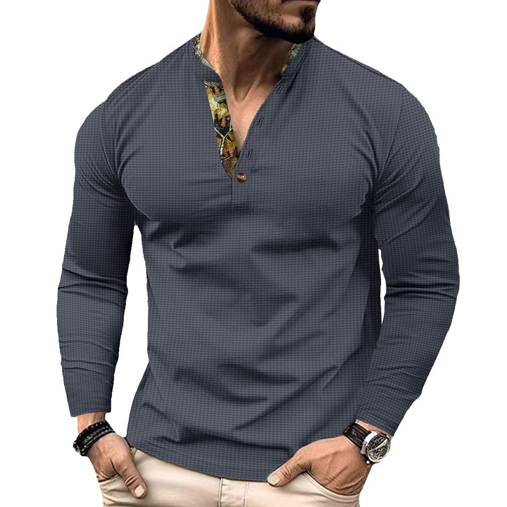 Men's long-sleeved Henley shirt with stand-up collar and patterned button placket trim Mune Fashion