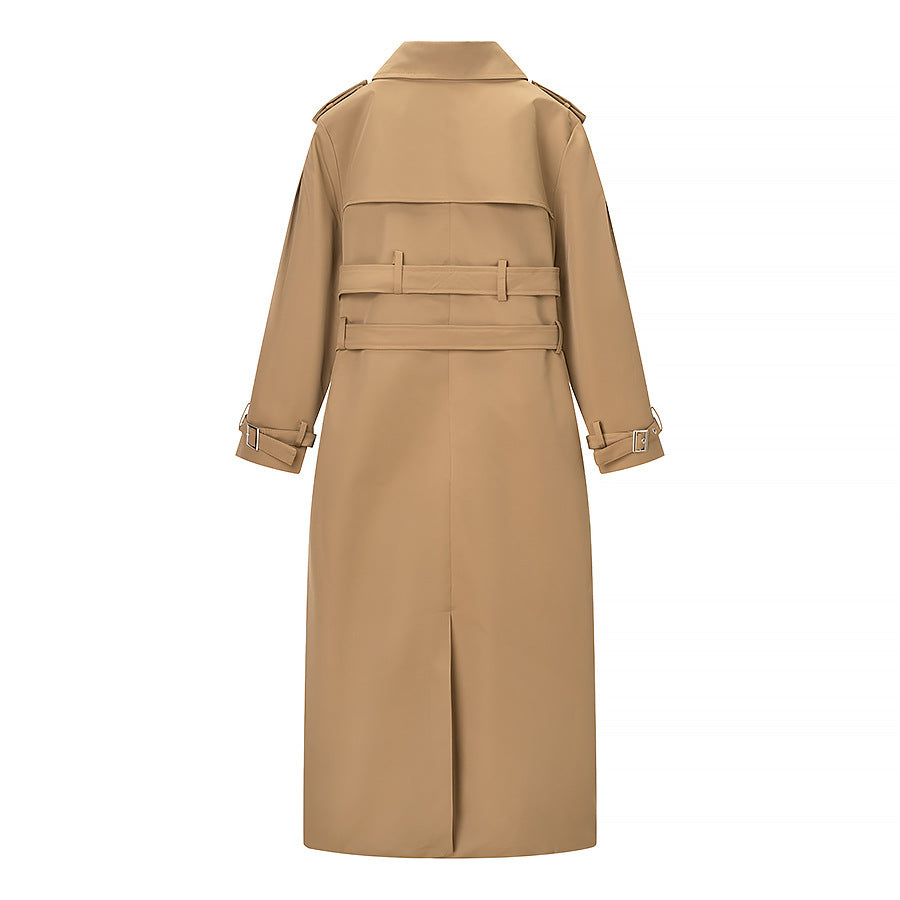 Women's Long Double-Breasted Trench Coat with Tailored Double Belt, Balloon Sleeves and Epaulettes Mune Fashion