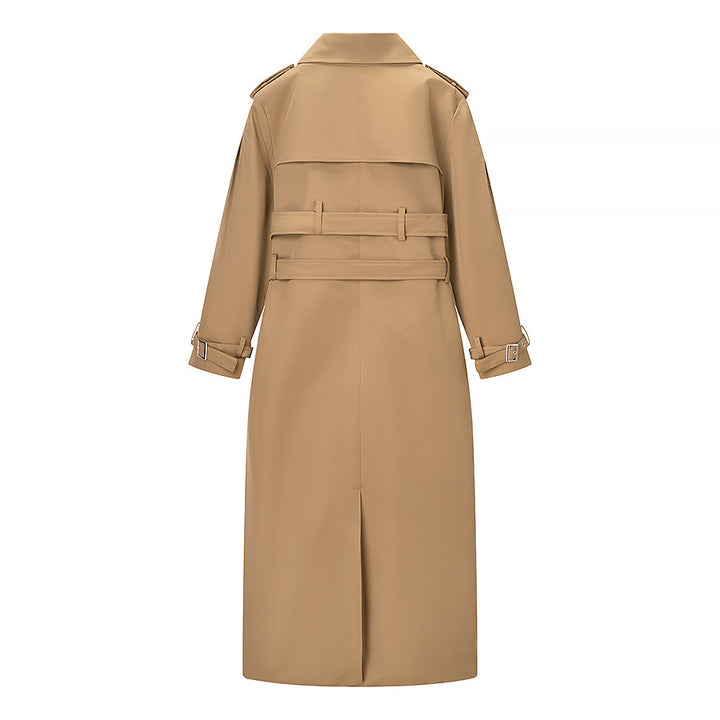 Women's Long Double-Breasted Trench Coat with Tailored Double Belt, Balloon Sleeves and Epaulettes Mune Fashion
