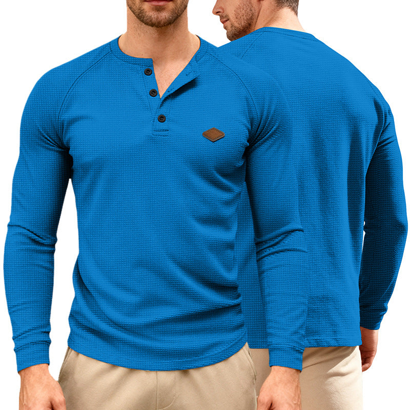 Men's Waffle Knit Henley Long Sleeve Shirt with Raglan Sleeves, Half Button Placket and Leather Label Mune Fashion