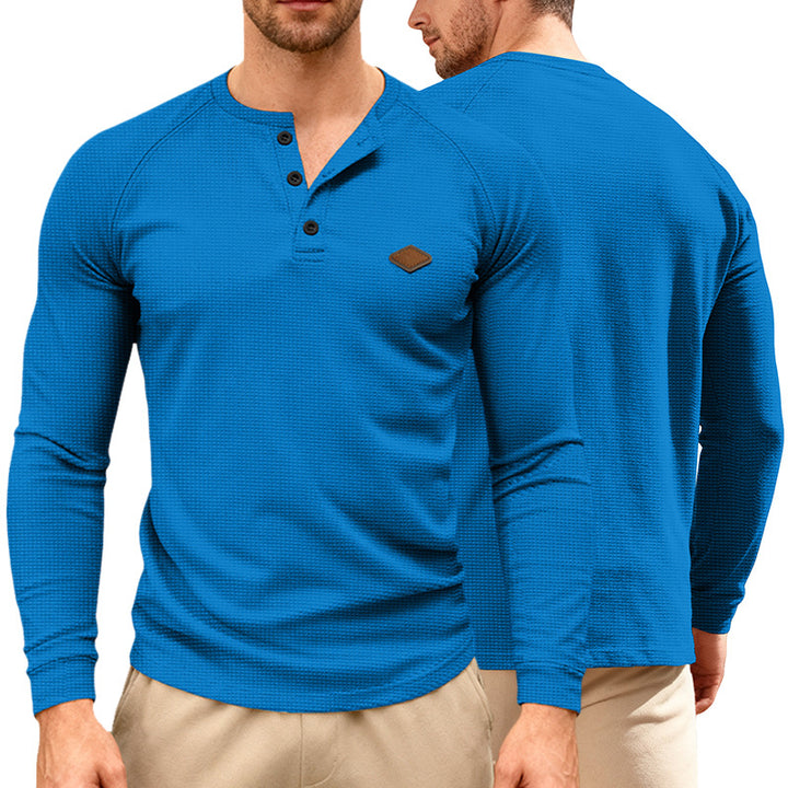 Men's Waffle Knit Henley Long Sleeve Shirt with Raglan Sleeves, Half Button Placket and Leather Label Mune Fashion