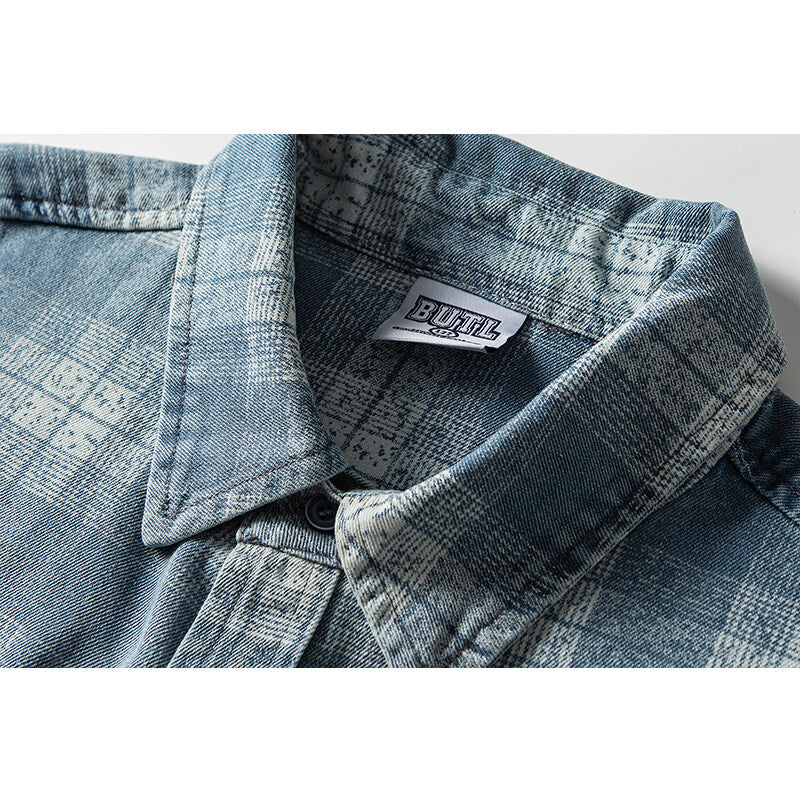 Men's Loose Check Shirt in Vintage Denim Look with Patch Chest Pocket and Used Details Mune Fashion