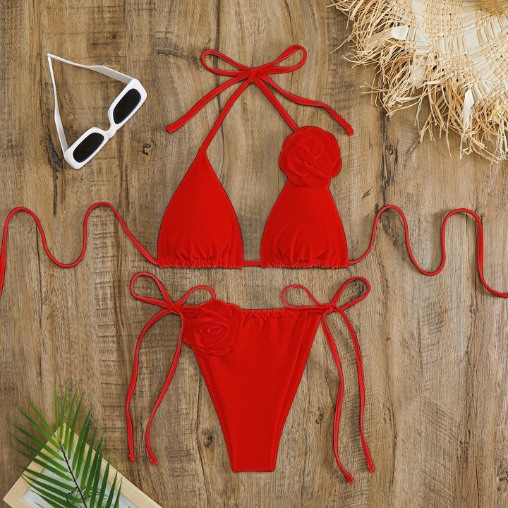 Women adjustable triangle bikini with decorative flower appliqués Mune Fashion