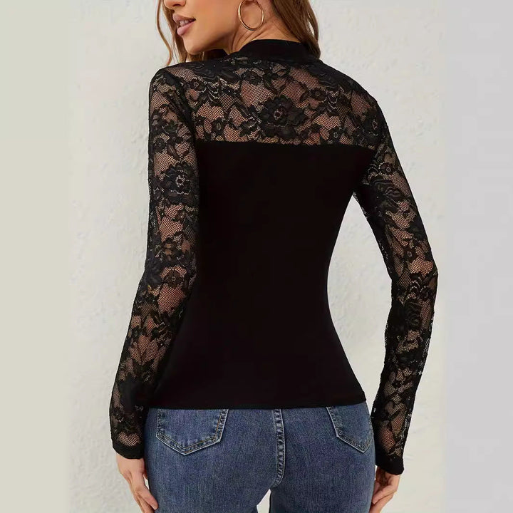 Women Elegant Long Sleeve Top with Romantic Lace Mune