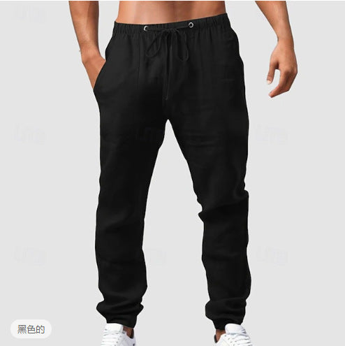 Men's relaxed sporty linen leisure pants with drawstring waistband, elastic ankle cuffs, and side seam pockets Mune Fashion