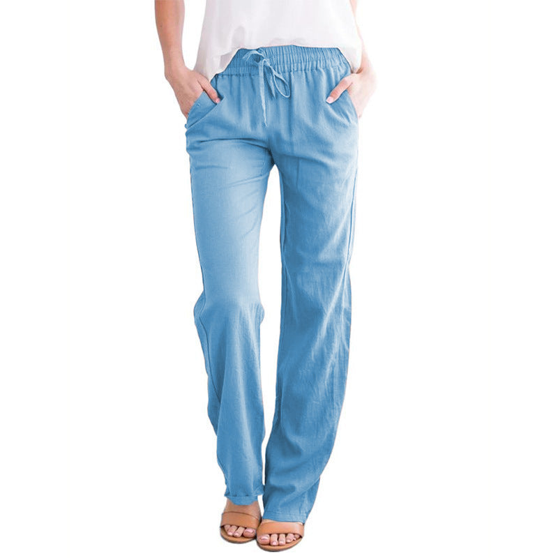 Women Light Linen Look Palazzo Pants with Elastic Waist, Drawstring and Side Pockets Mune Fashion