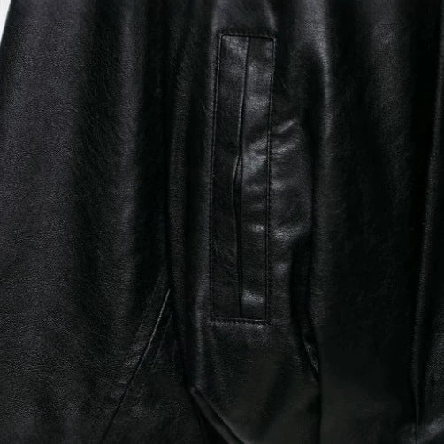 Women's Oversize Cropped Faux Leather Bomber Jacket with Round Neck and Elastic Hem Mune Fashion