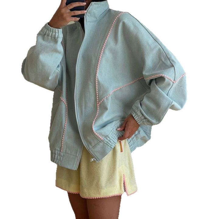Women's Terry Loungewear Set with Zip Jacket, Oversized Cut & Pom Pom Trim Mune Fashion