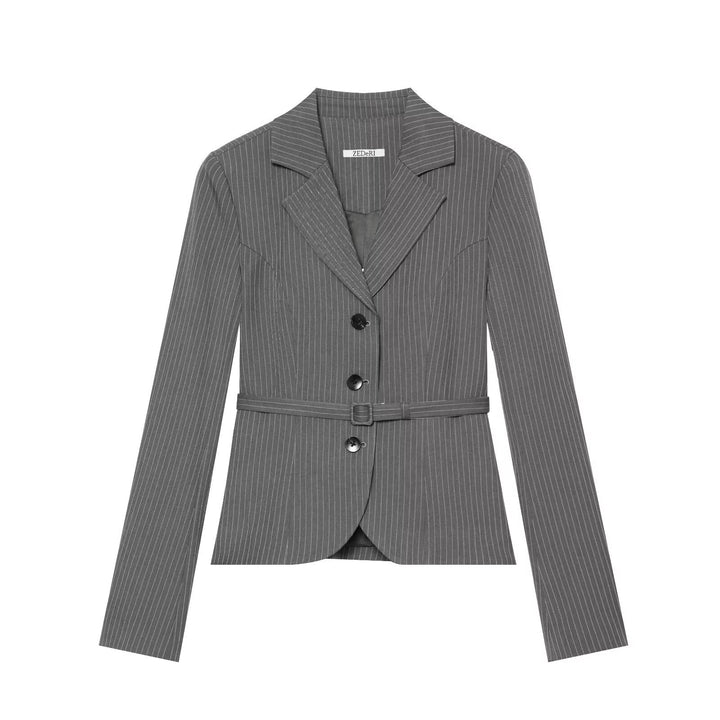 Women Tailored Pinstripe Blazer with Belt and Three-Button Closure Mune Fashion