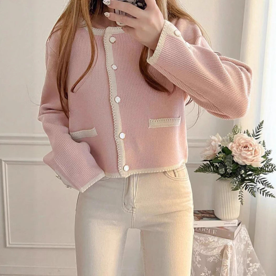 Women Short-Cut Ribbed Cardigan with Contrast Crochet Trim, Decorative Button Placket and Pocket Trim Mune Fashion