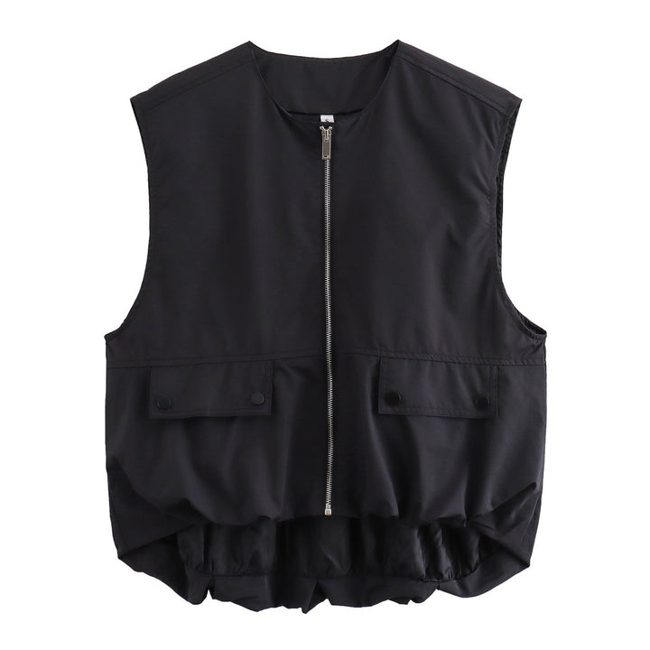 Women's lightweight utility vest with full zip, patch pockets, and elastic balloon hem Mune Fashion
