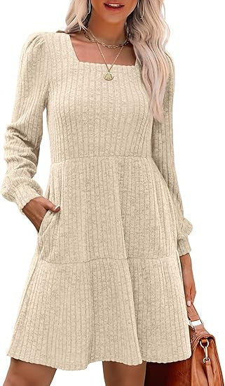 Women's Knitted A-Line Mini Dress with Square Neckline, Tiered Skirt and Pockets Drune
