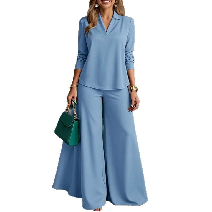 Ladies Elegant Two-Piece Palazzo Set with Shirt Collar Top and Wide Leg Mune Fashion