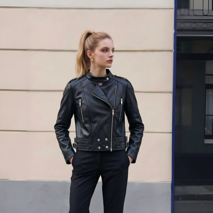 Women Cropped Biker Jacket made of Faux Leather with Stand-up Collar, Decorative Seams and Double Buckles Mune Fashion