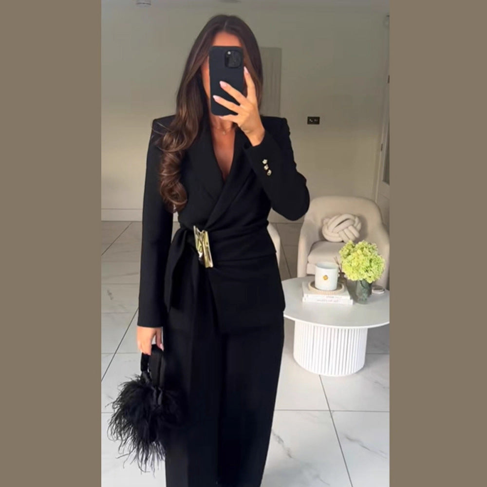Women's Tailored Wrap Blazer with Decorative Metal Buckle & High-Waist Palazzo Pants Mune Fashion
