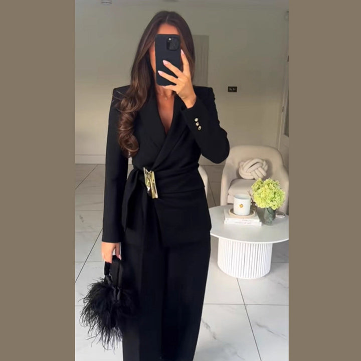 Women's Tailored Wrap Blazer with Decorative Metal Buckle & High-Waist Palazzo Pants Mune Fashion