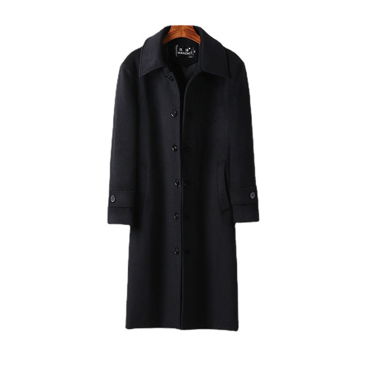 Men's tailored maxi long wool blend coat with tie belt and Kent collar Mune Fashion