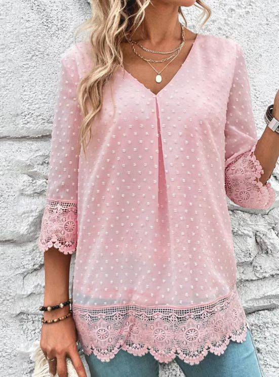 Women nan feminine chiffon tunic with dot relief, V-neck and crochet lace trim Mune Fashion