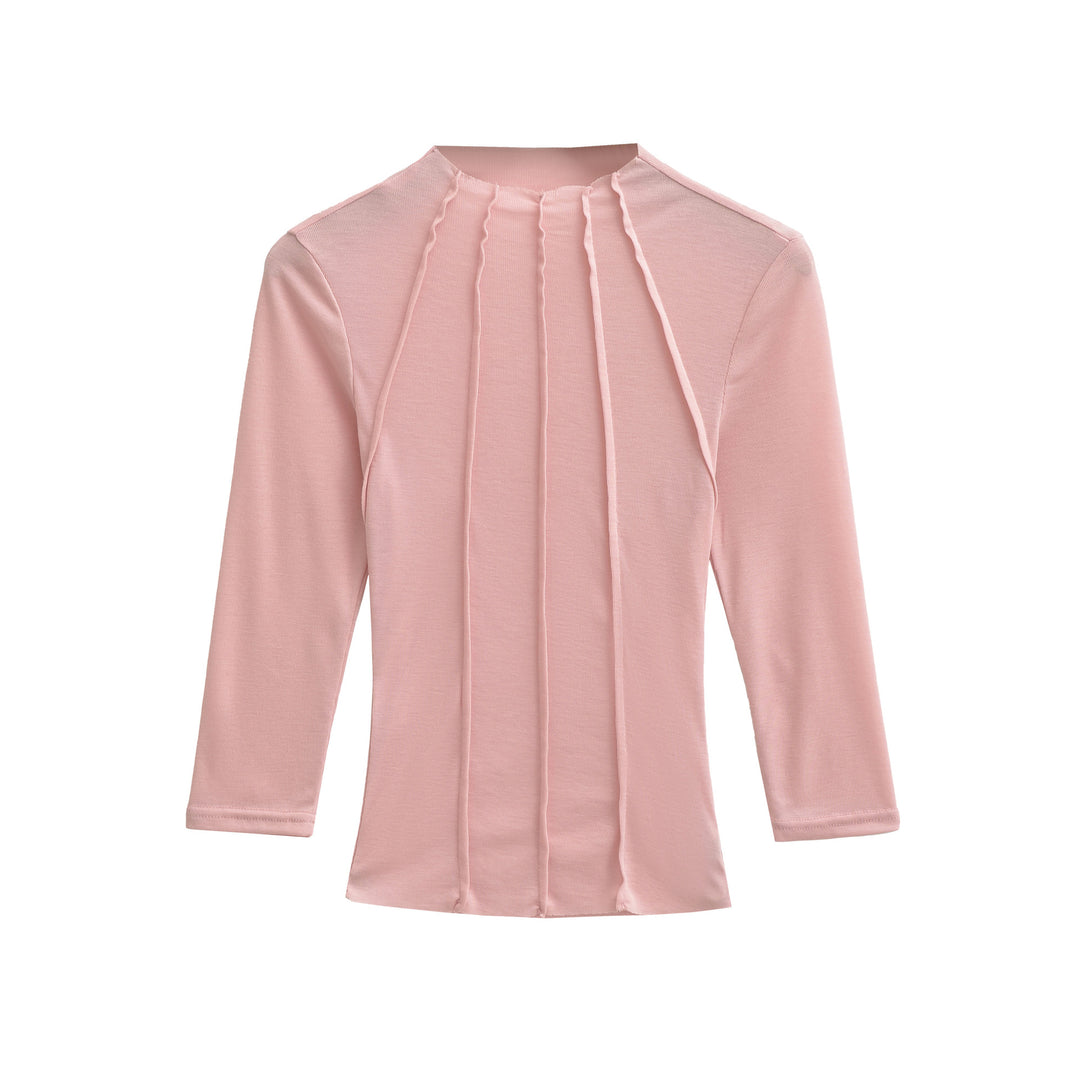 Women's Fitted Long Sleeve Shirt with Stand-Up Collar and Decorative Ruffles