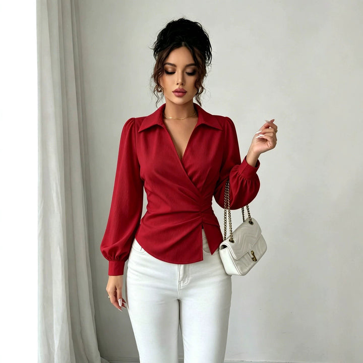 Women’s wrap blouse with waist gathering, shirt collar, and balloon sleeves Mune Fashion