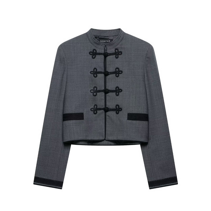 Women's short blazer in Mandarin style with decorative frog buttons Mune Fashion