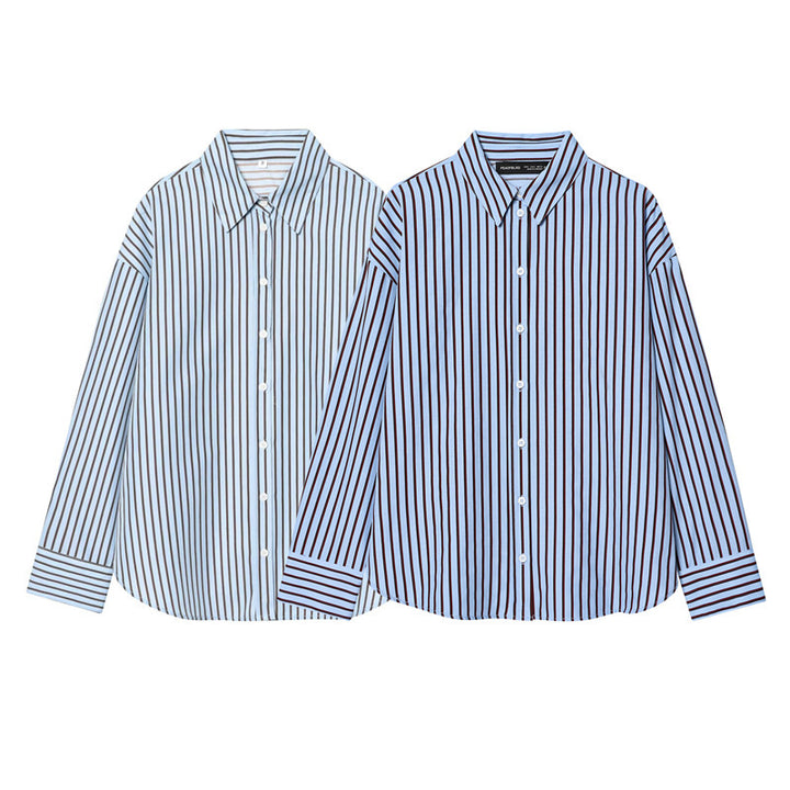 Women Oversized Shirt with Vertical Striped Pattern and Kent Collar Mune Fashion