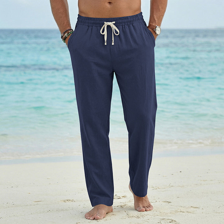 Men's Linen Look Relaxed Pants with Elastic Waistband, Drawstring, and Side Pockets