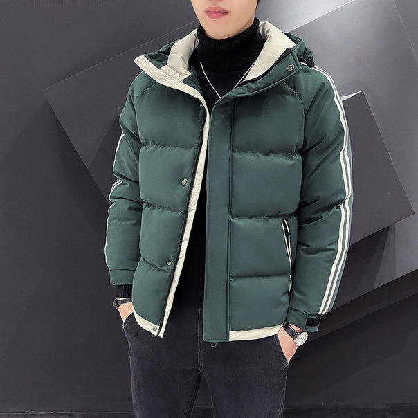 Men's Sporty Quilted Parka with Hood, Contrast Trim and Sleeve Stripes Mune Fashion