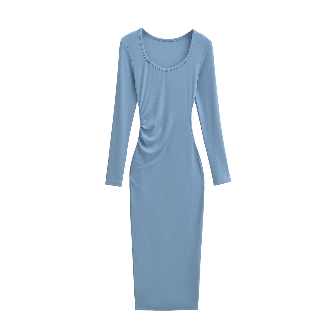Women's Fitted Midi Dress with Side Ruching and Double Neckline Mune Fashion