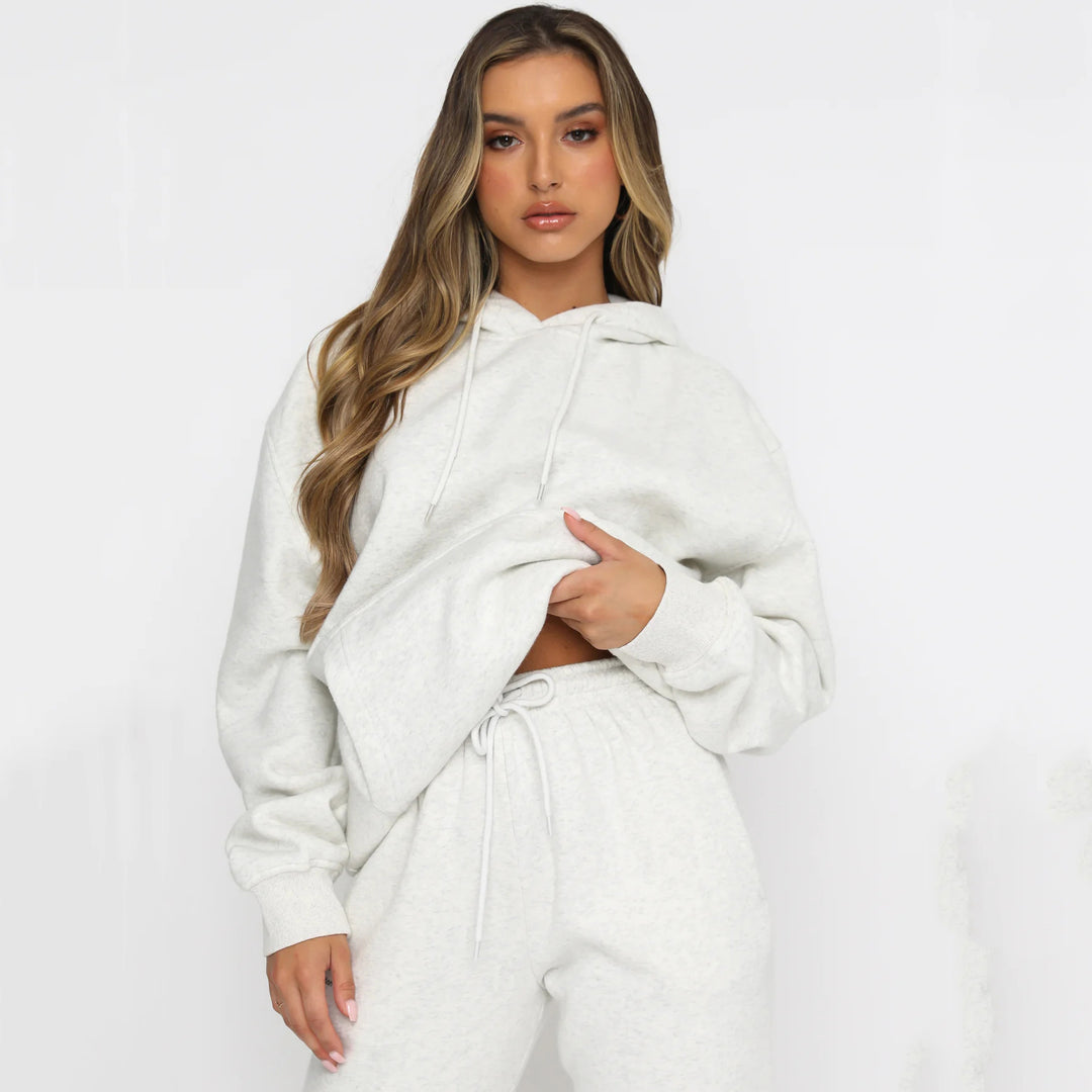 Women's Cropped Hoodie Jacket and High-Waist Jogging Pants Set made of French Terry with Elastic Waistband Mune Fashion