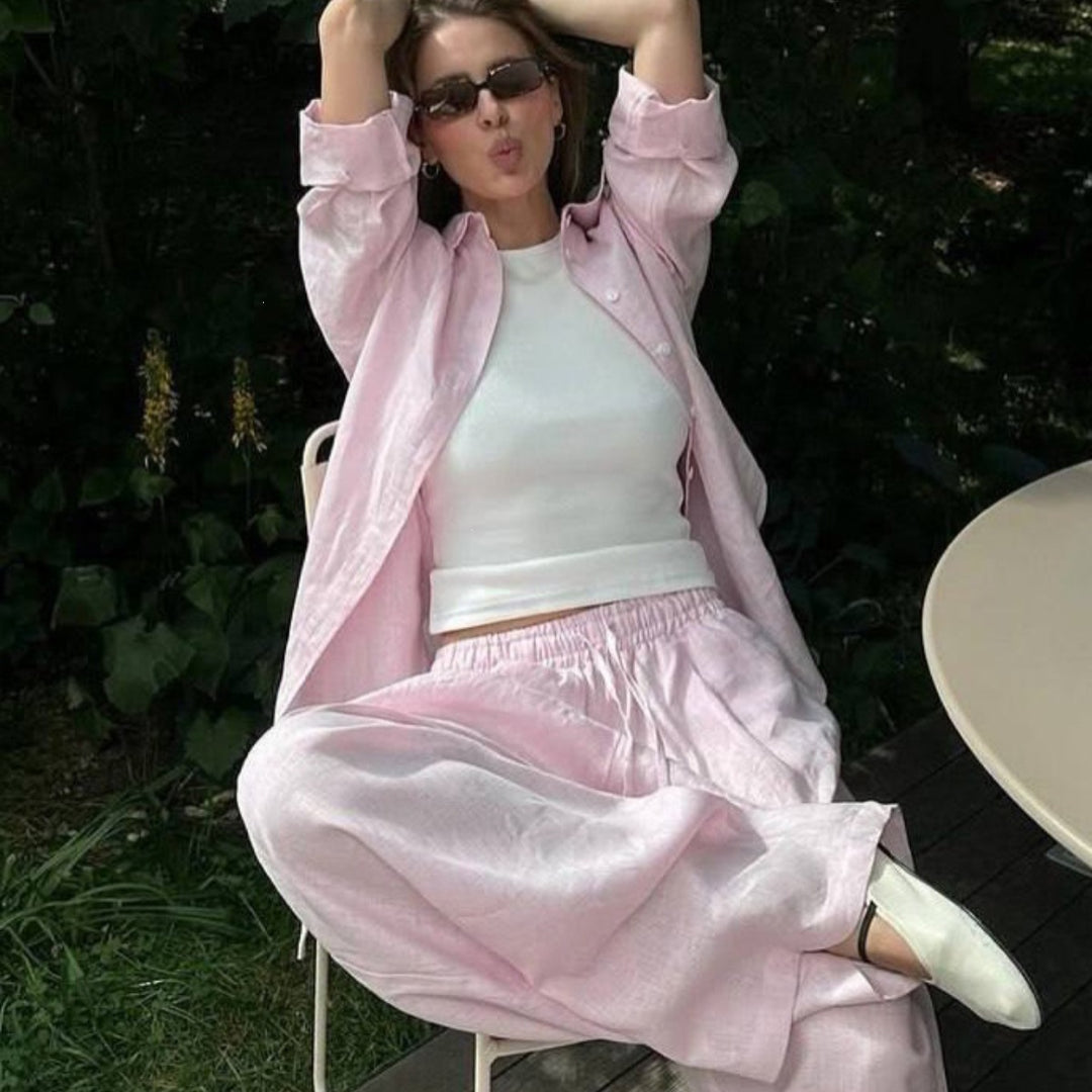 Women's airy linen lounge set with oversized shirt and wide waistband pants with elastic Mune Fashion