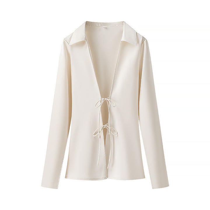 Women's Lightweight Shirt Blouse with Deep V-Neck and Double Ties Mune Fashion