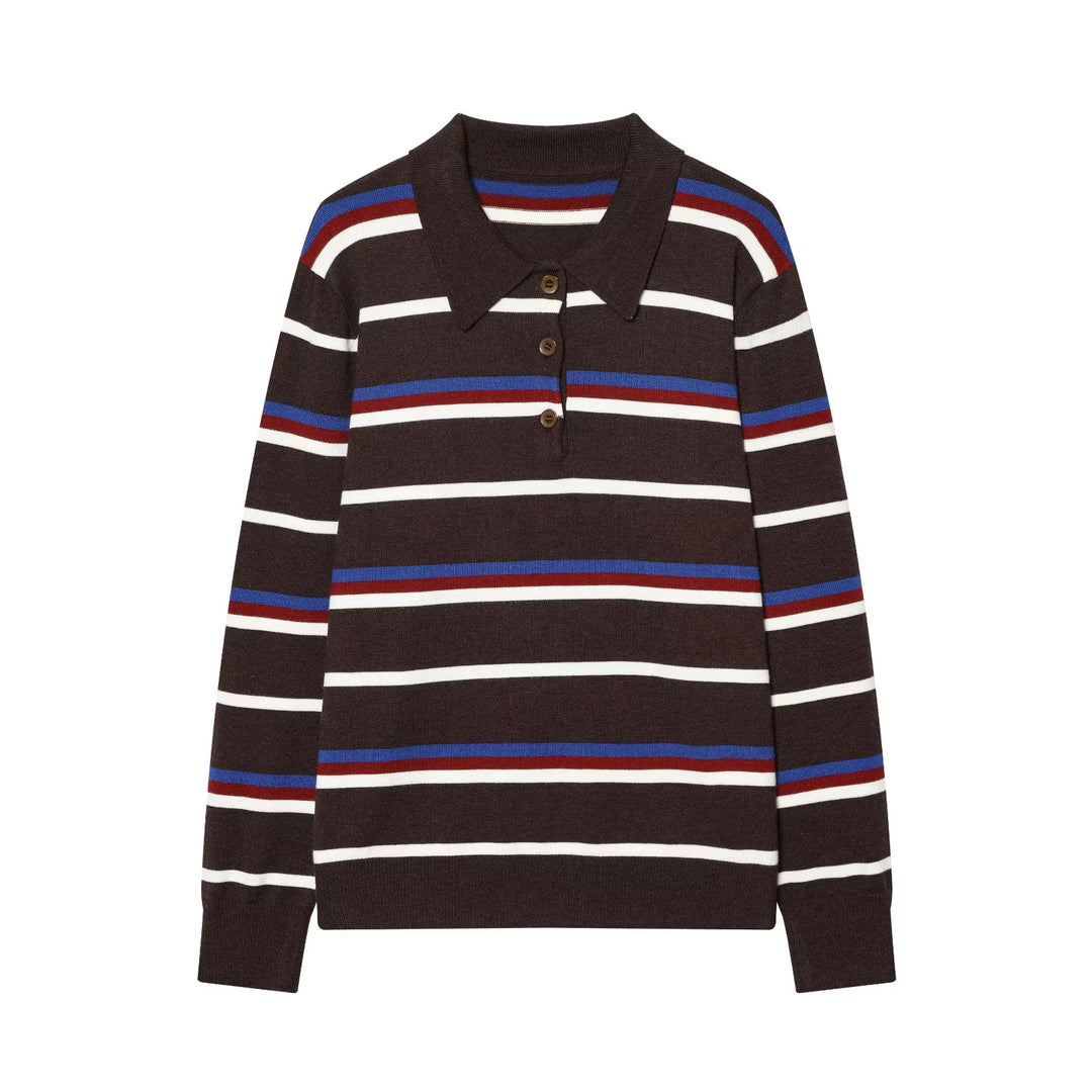 Women's striped polo shirt sweater with turtleneck and subtle button placket Mune Fashion