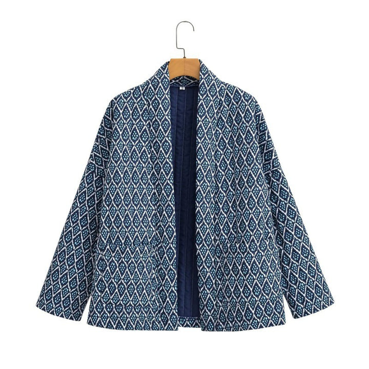 Women Patterned Quilted Kimono Jacket with Patch Pockets Mune Fashion