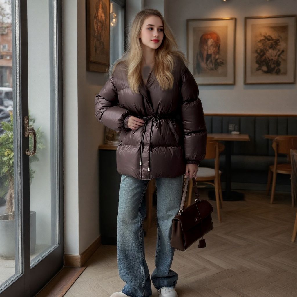 Women Tailored Quilted Jacket in Down Look with Drawstring and Hood Mune Fashion