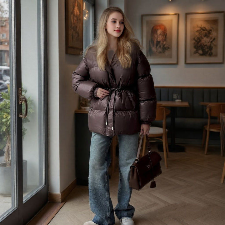 Women Tailored Quilted Jacket in Down Look with Drawstring and Hood Mune Fashion
