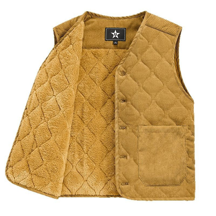 Men Quilted Cord Waistcoat with V-Neck and Patch Pockets Mune Fashion