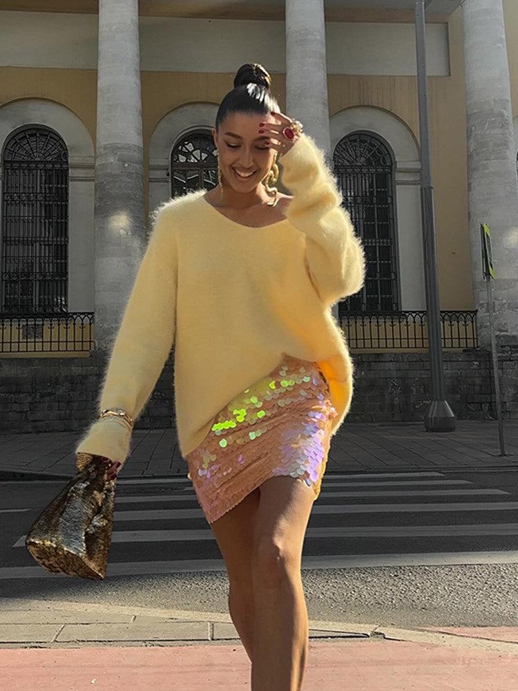 Women Cozy Oversized Mohair Sweater with V-Neck and Extended Back Hem Mune Fashion