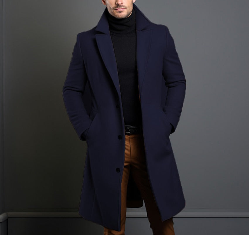 Men's Longer Tailored Wool Coat with Lapel Collar and Flap Pockets Mune Fashion